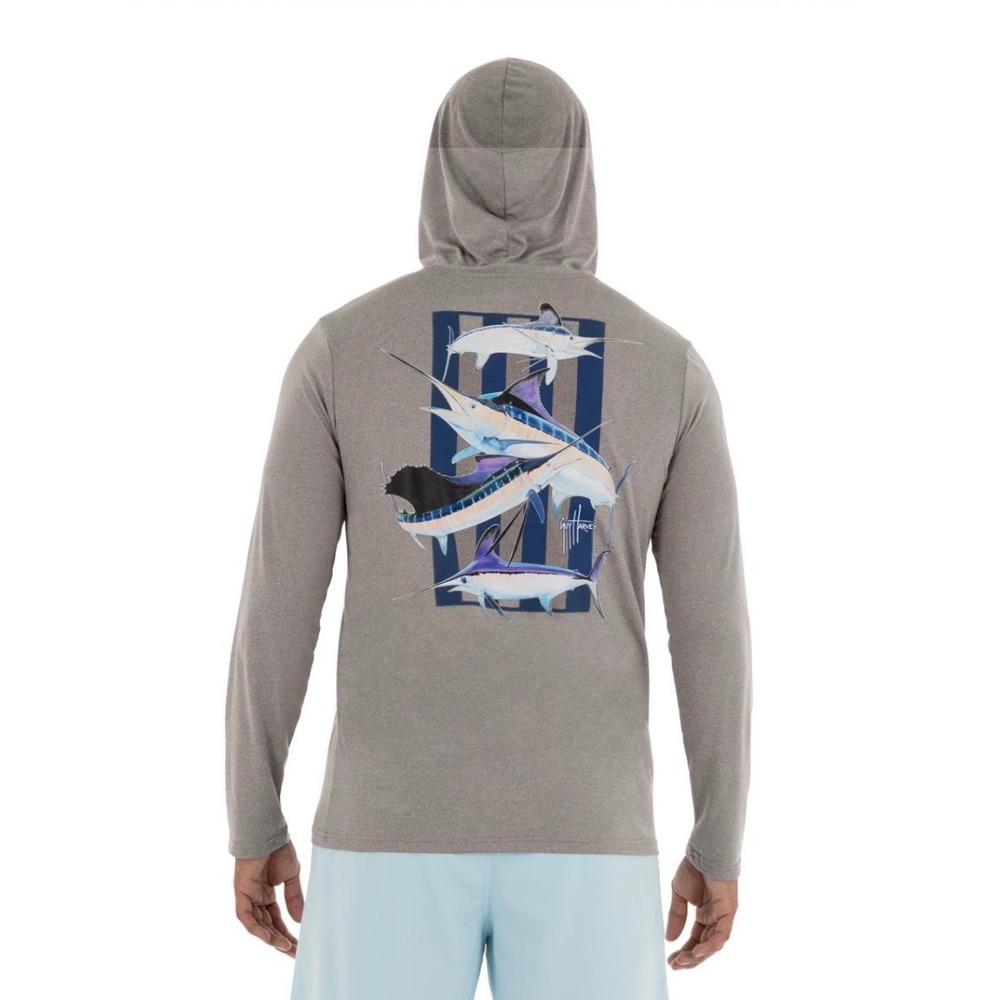 Guy Harvey Mens Gray Marlin Graphic Long Sleeve Performance Sun Hoodie S